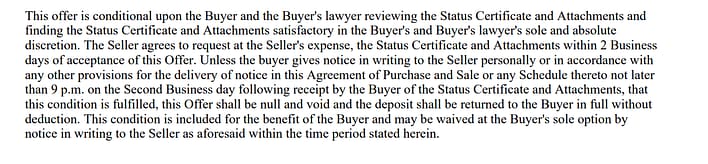 This is a sample clause to make an offer conditional on buyer's lawyer review of the Status Certificate.